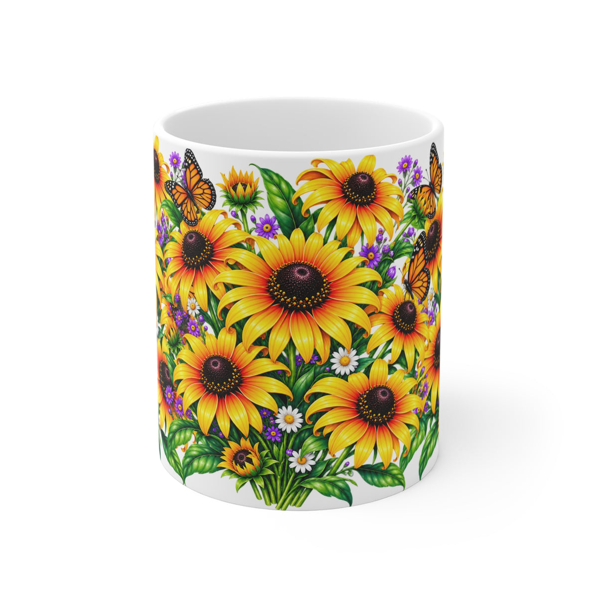 Sunflower Bouquet Mug — Bright Floral Coffee Cup with Butterflies