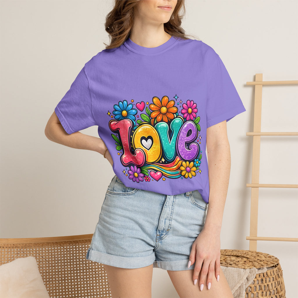 Retro Floral "Love" Design T-shirt | Colorful 70s Heart Typography