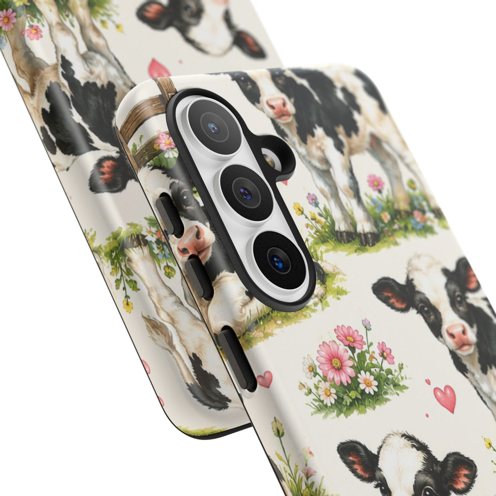 Cute Calf Pattern Phone Case – Pastel Cow Hearts & Flowers Protective Cover