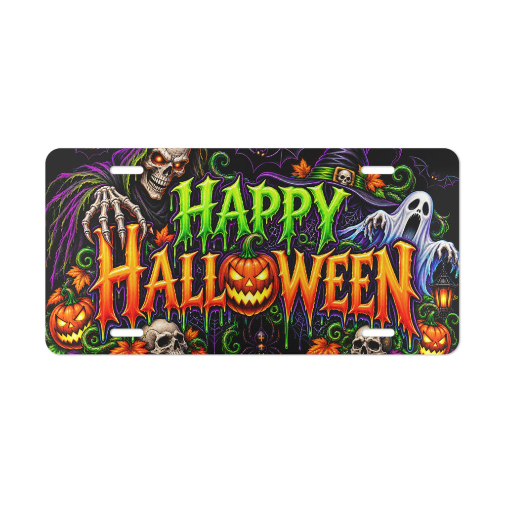 Happy Halloween Vanity Plate — Spooky Skull & Ghost License Plate