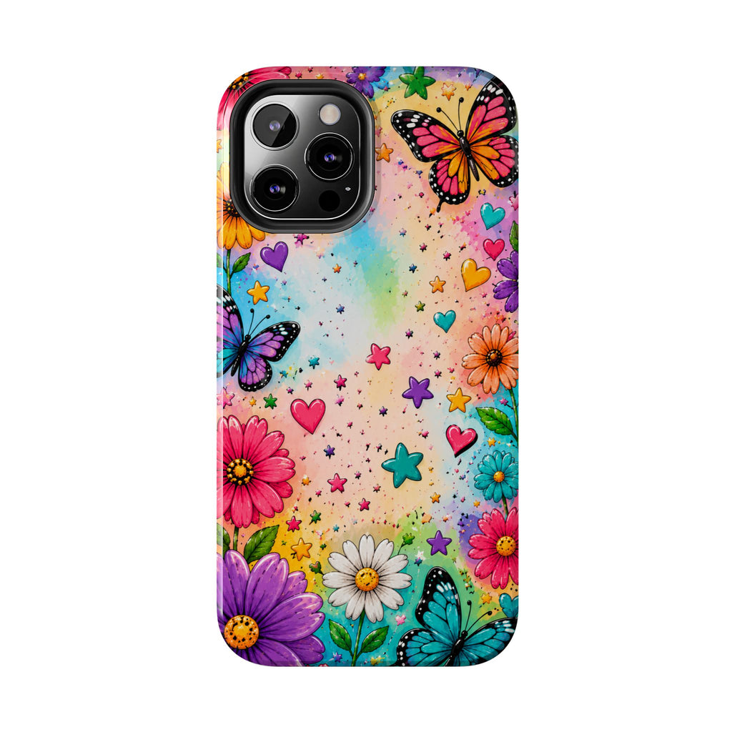 Colorful Butterflies and Flowers Tough Phone Case | Rainbow Hearts Stars