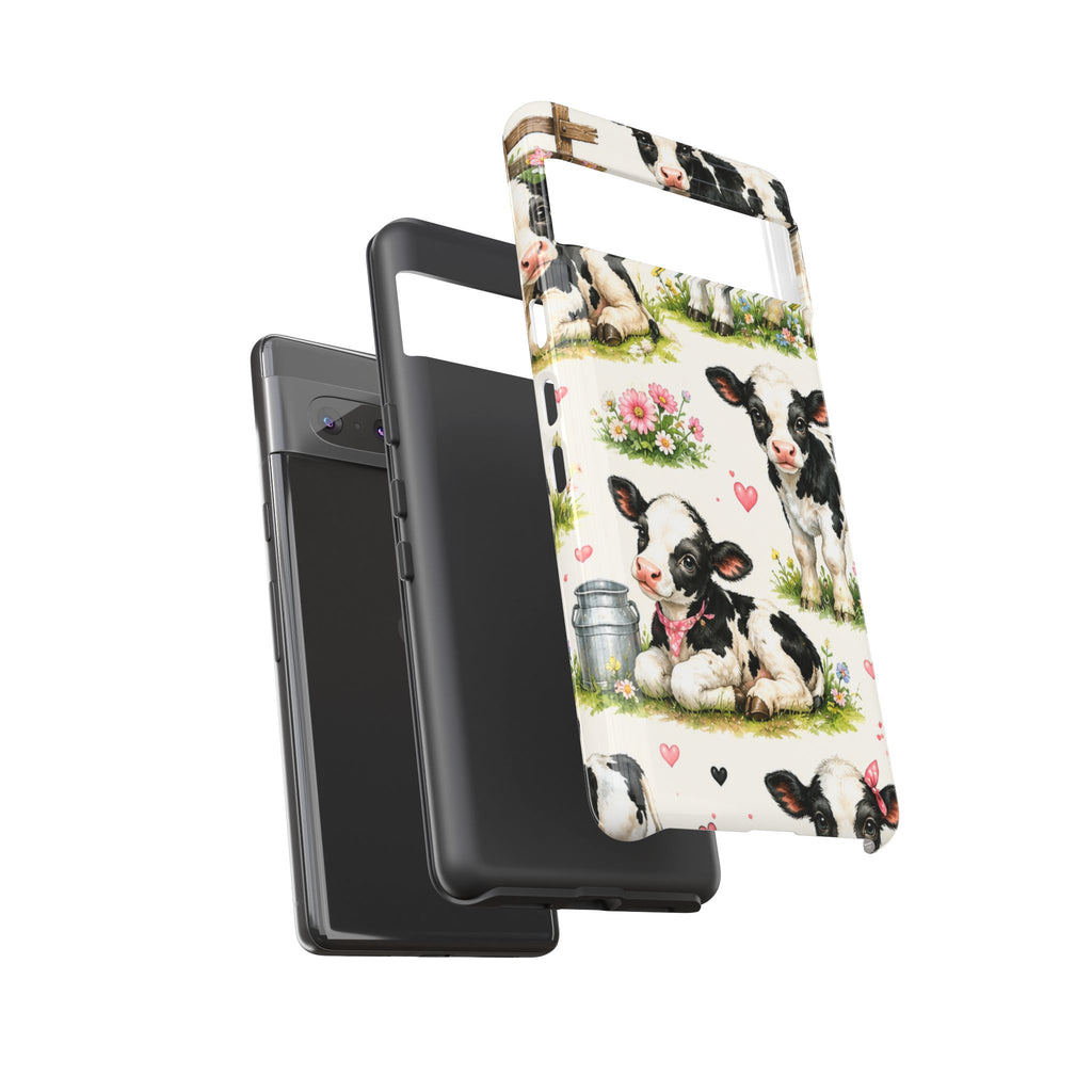 Cute Calf Pattern Phone Case – Pastel Cow Hearts & Flowers Protective Cover
