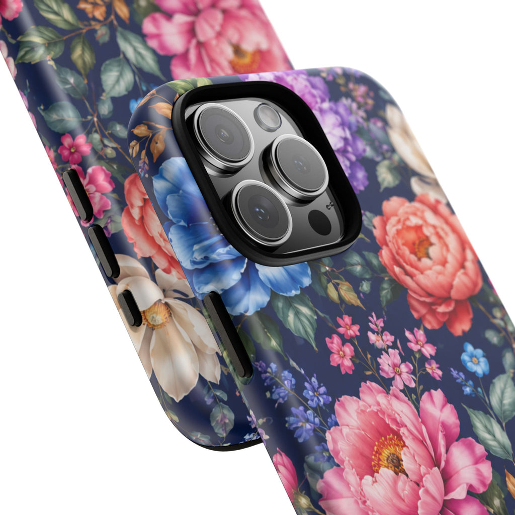 Floral Tough Phone Case – Vibrant Garden Flowers on Navy