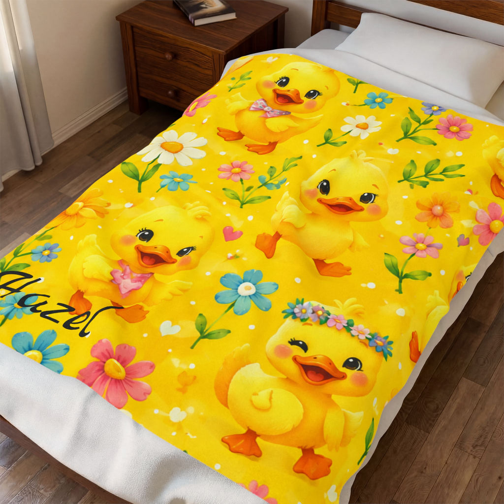 Personalized Yellow Duck Plush Blanket – Cute Velveteen Baby Throw with Name