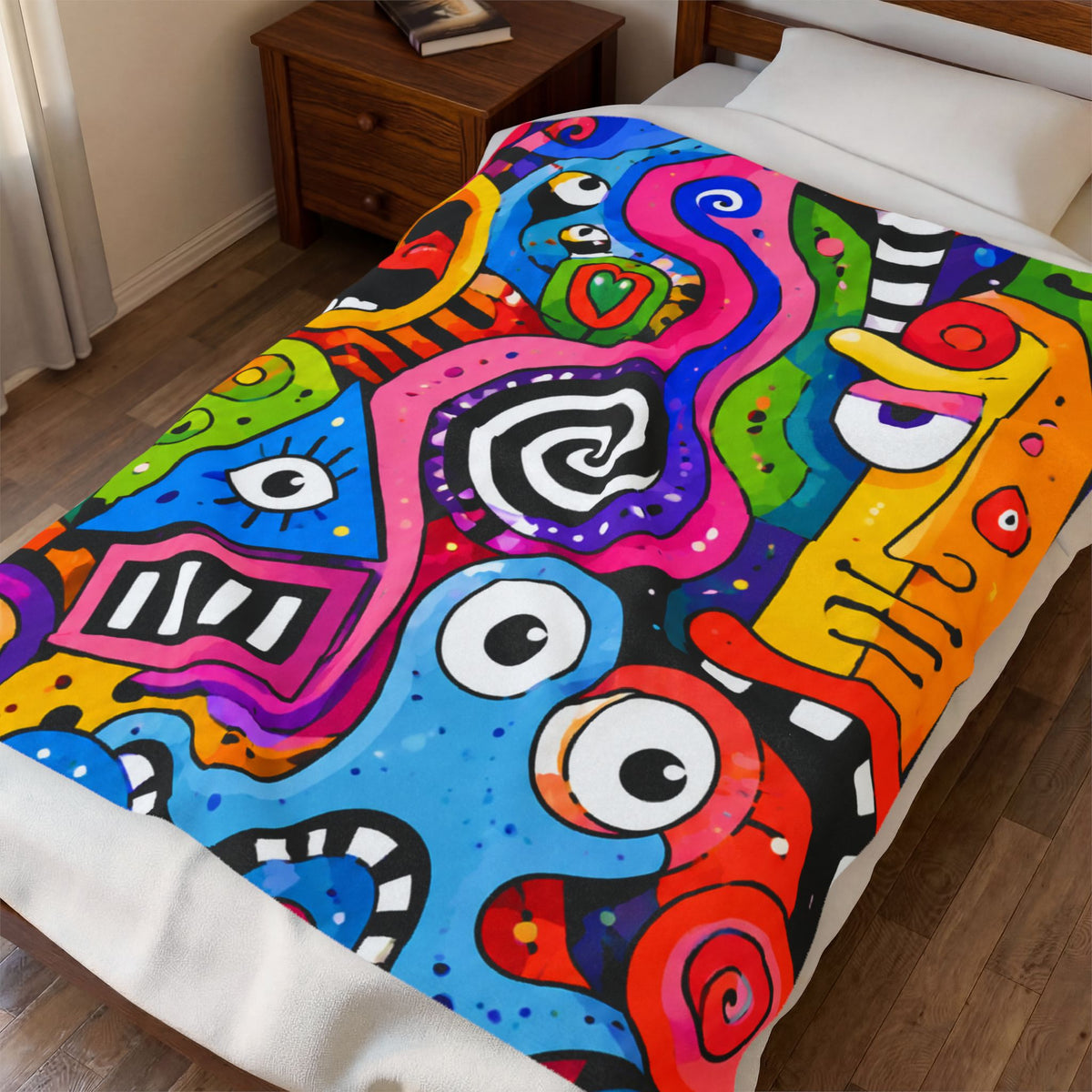 Abstract Pop Art Velveteen Plush Blanket — Colorful Psychedelic Faces Throw