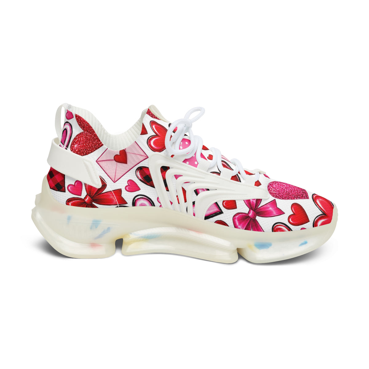 Women's Mesh Sneakers — Pink & Red Heart Pattern Athletic Shoes