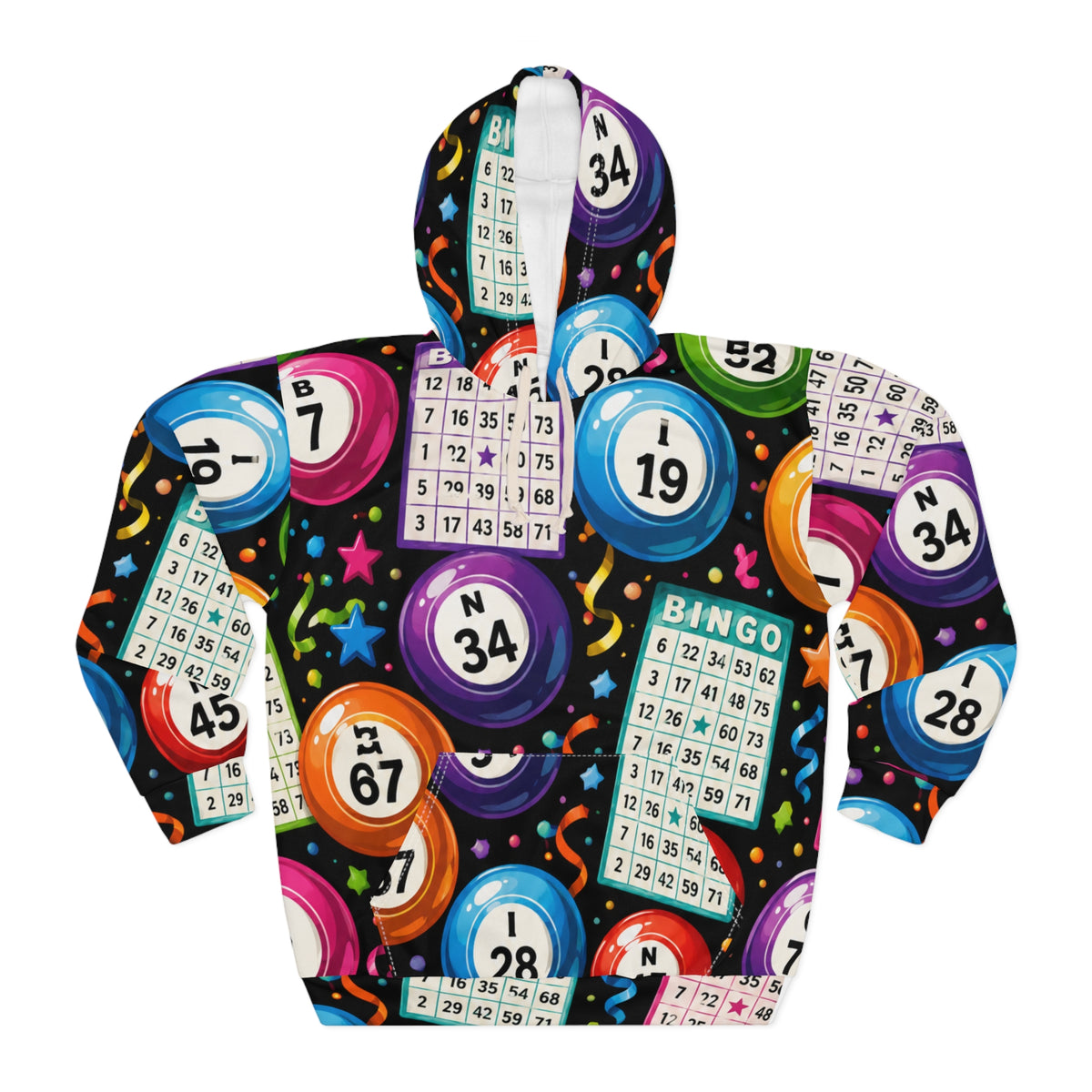 Bingo Night All-Over Print Hoodie — Colorful Bingo Balls & Cards