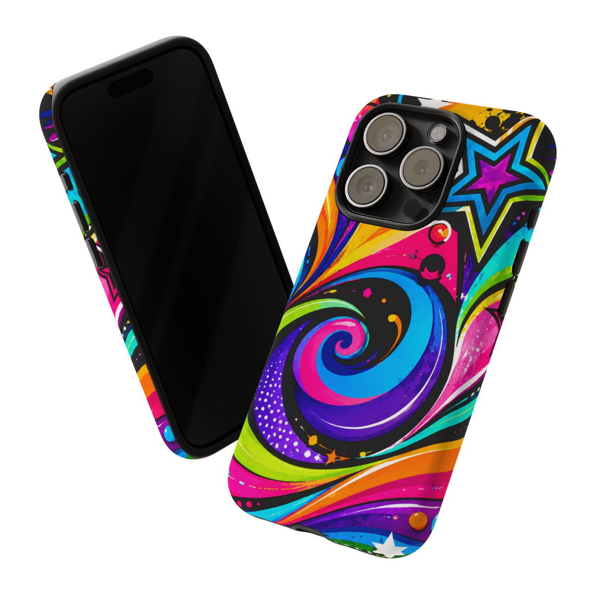 Psychedelic Swirl Phone Case — Bold Retro Stars & Neon Pop Art Tough Case