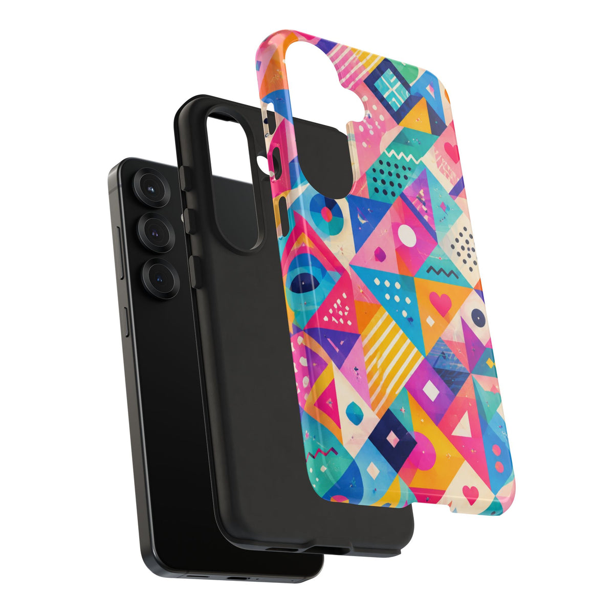 Colorful Geometric Tough Phone Case — Bright Abstract Heart & Triangle Pattern