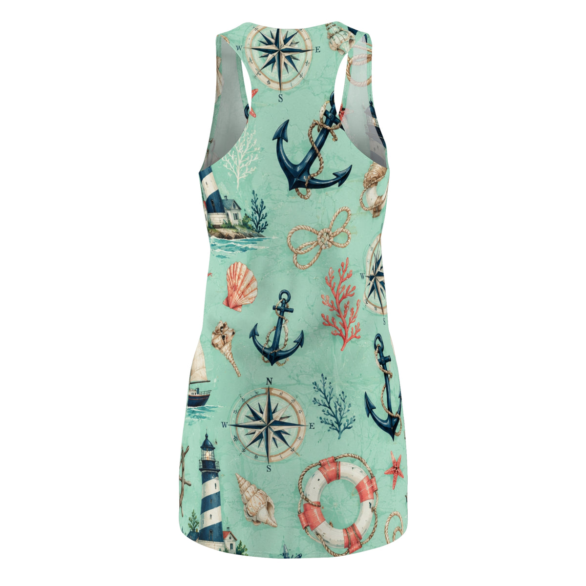 Nautical Print Racerback Dress — Beach Anchor & Lighthouse Sundress