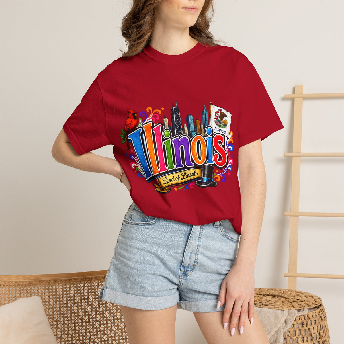 Illinois state skyline tee | Illinois T-shirt with cardinal and state flag