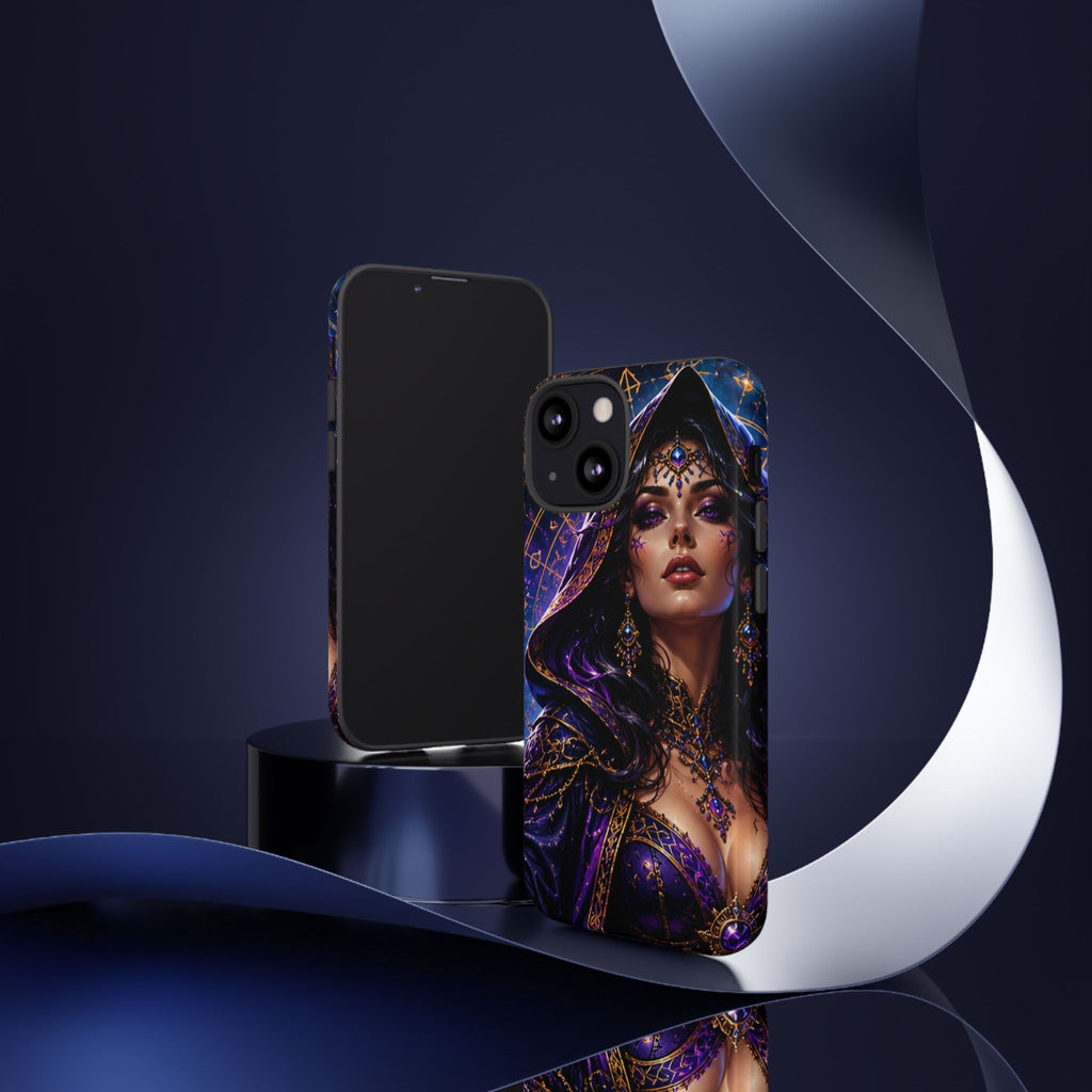 Phone Case — Mystical Sorceress Art Protective Tough Case (Astrology, Purple Hooded Witch)