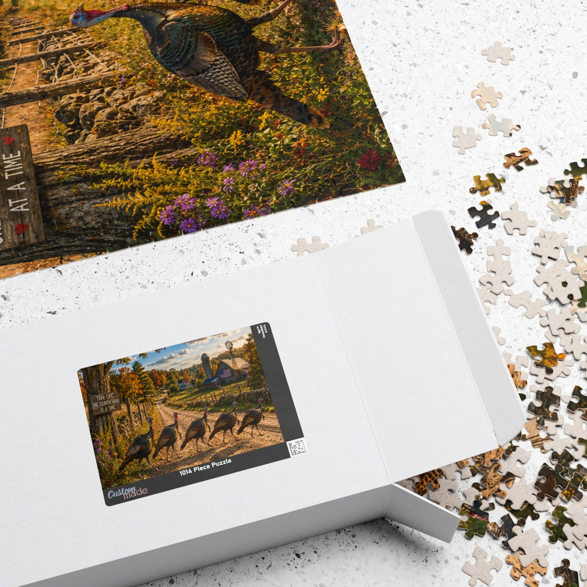 Country Road Turkeys Jigsaw Puzzle — Rustic Farmhouse Scene (110/252/520/1014 pcs)