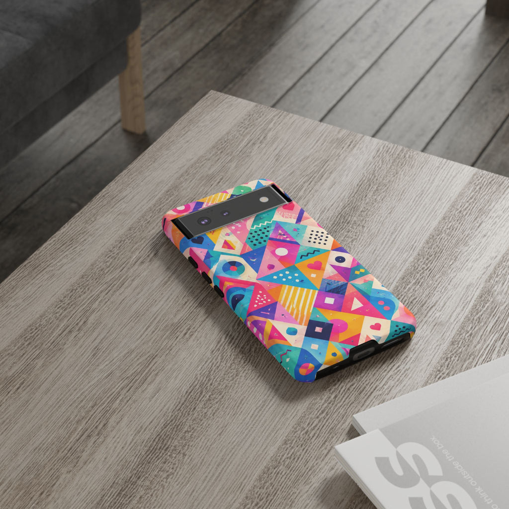 Colorful Geometric Tough Phone Case — Bright Abstract Heart & Triangle Pattern