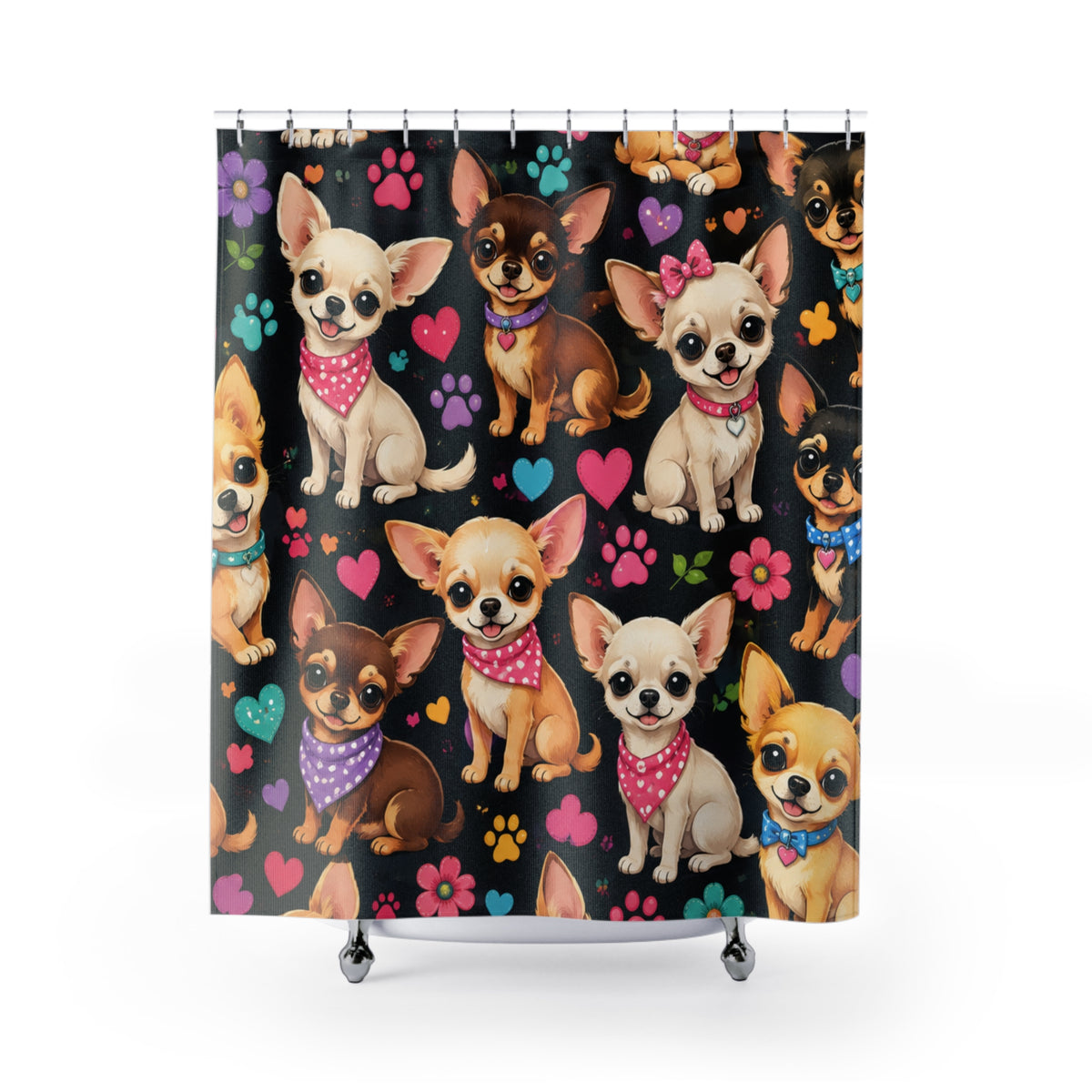Cute Chihuahua Pattern Shower Curtain | Paw Prints Hearts Dog Illustration
