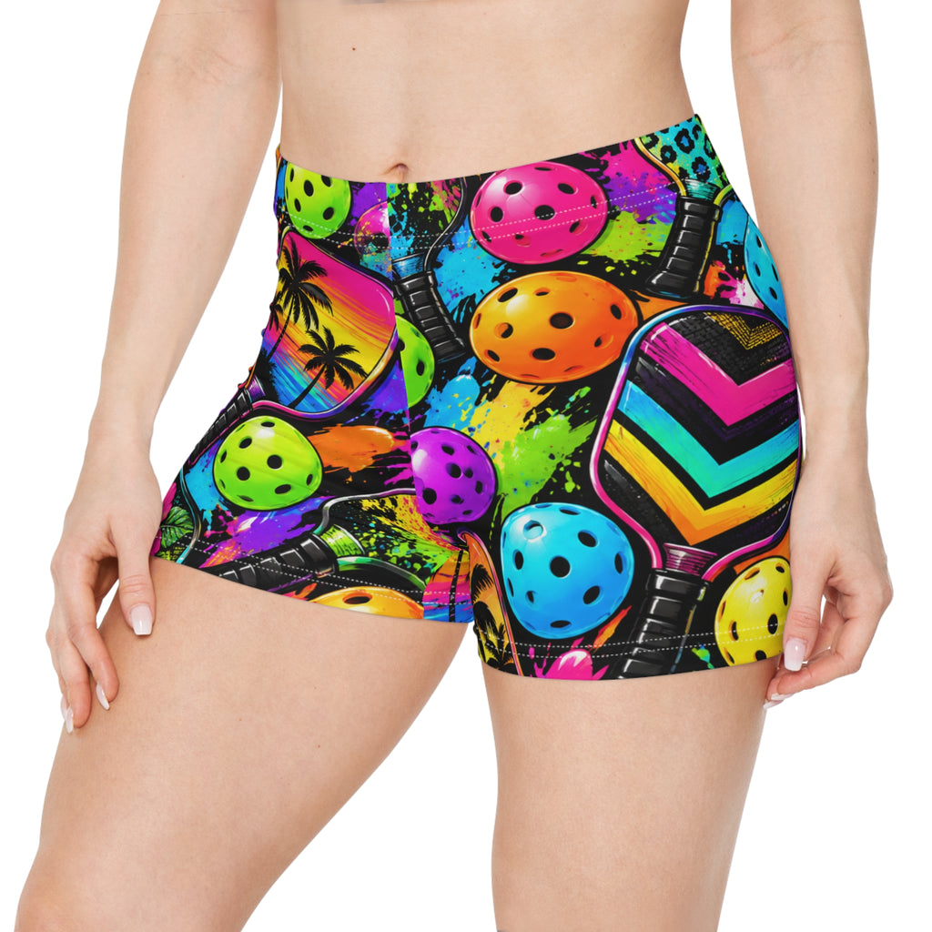 Neon Pickleball Print Women's Shorts — Tropical Palm & Paddle All-Over Print