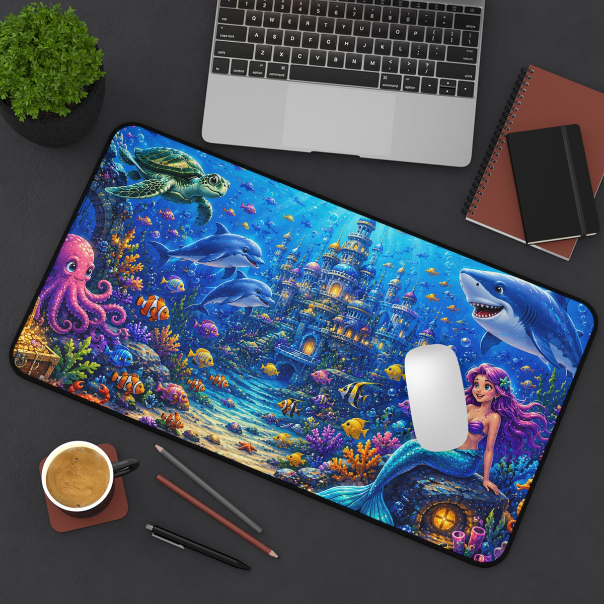 Mermaid Underwater Scene Desk Mat | Ocean Castle Mousepad
