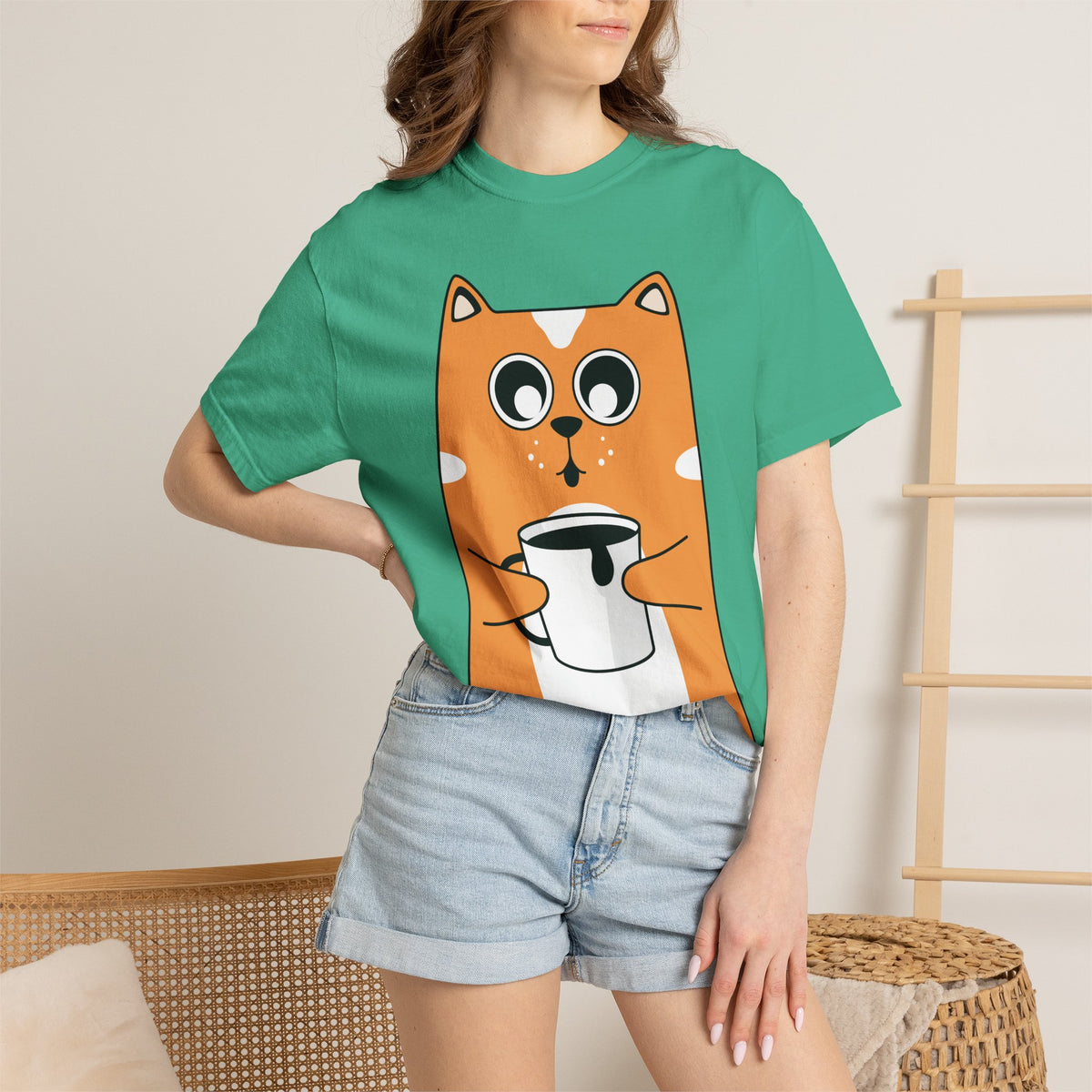 Coffee Cat T-Shirt — Cute Cat Holding Coffee Mug, “My morning doesn’t start until the coffee clocks in” Tee