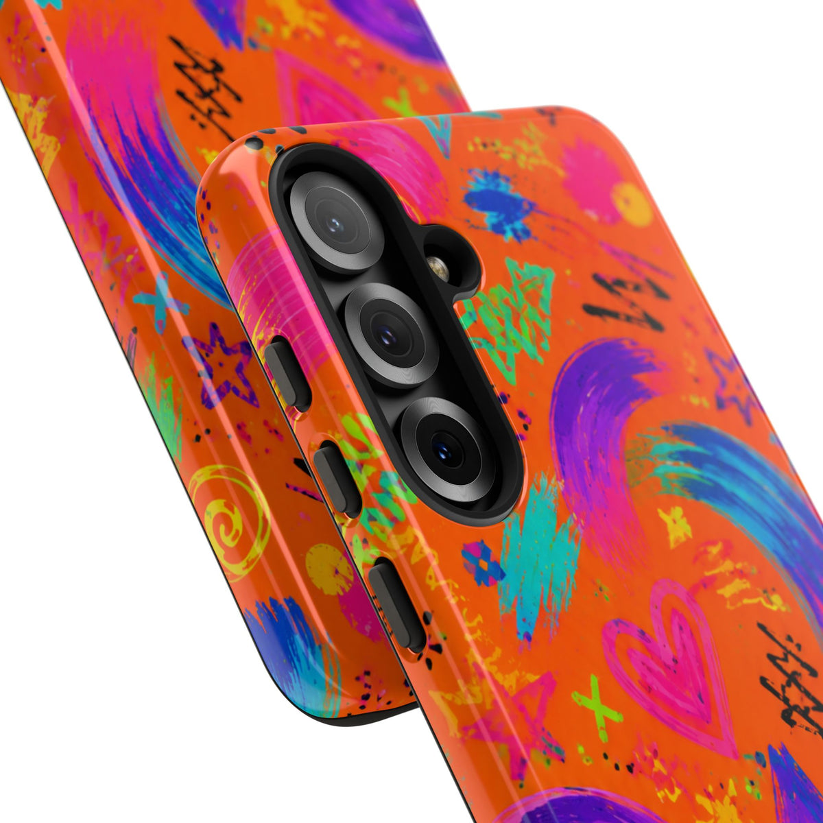 Colorful Neon Doodle Phone Case — Bright Abstract Stars & Hearts Tough Case