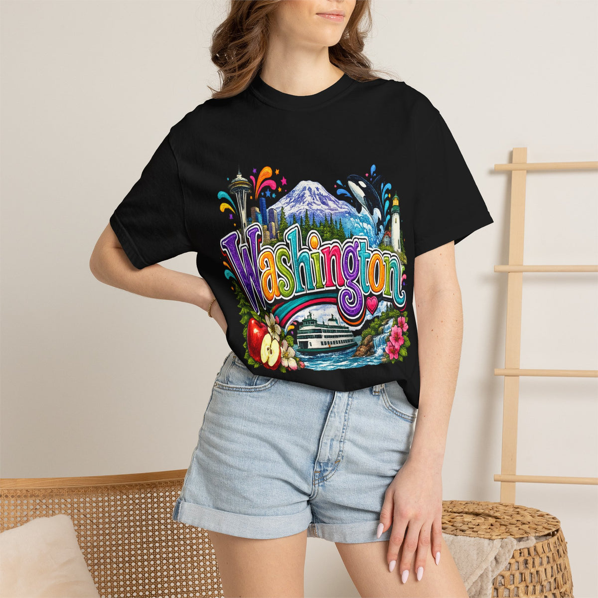 Washington State Scene T-shirt | Seattle Skyline, Orca, Apples