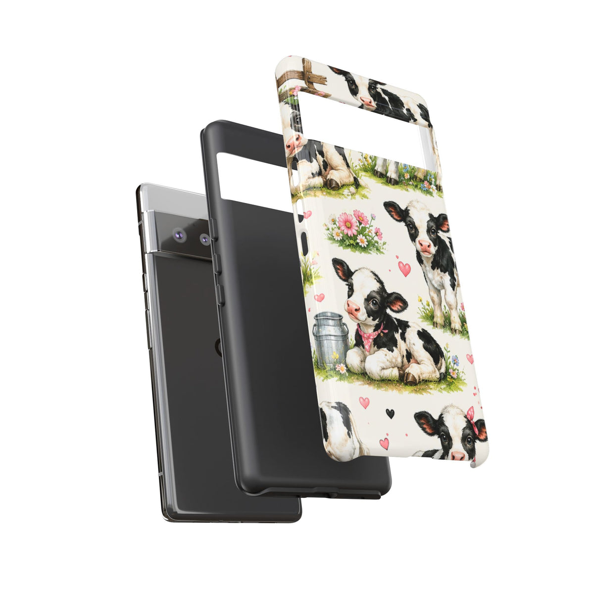 Cute Calf Pattern Phone Case – Pastel Cow Hearts & Flowers Protective Cover