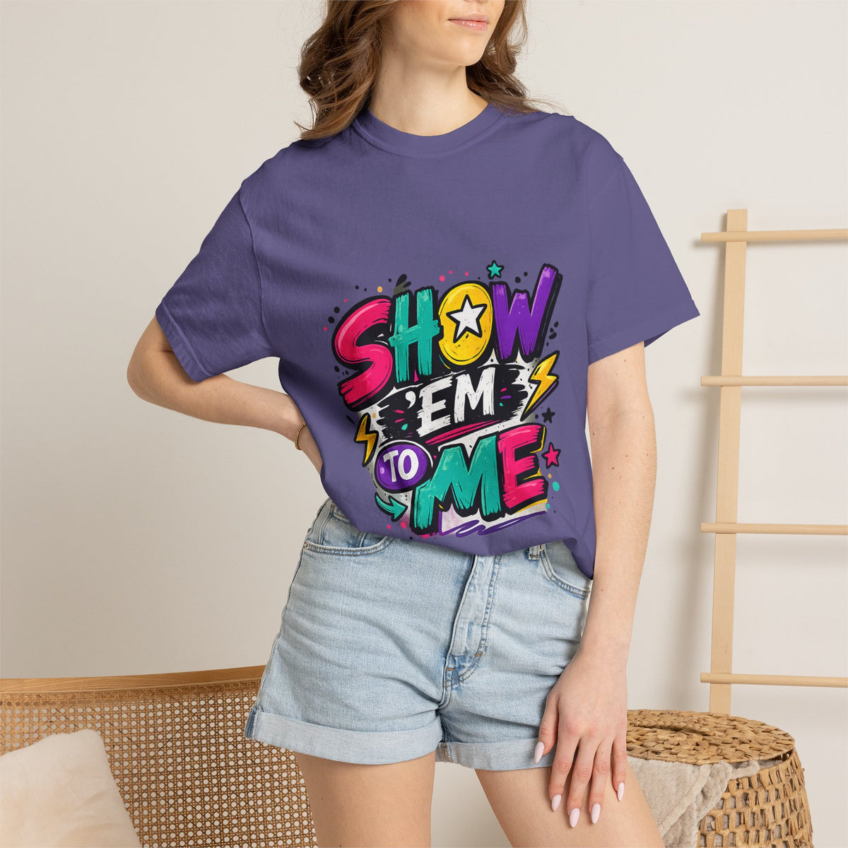 Show 'Em to Me bold pop art design T-shirt | colorful graphic tee