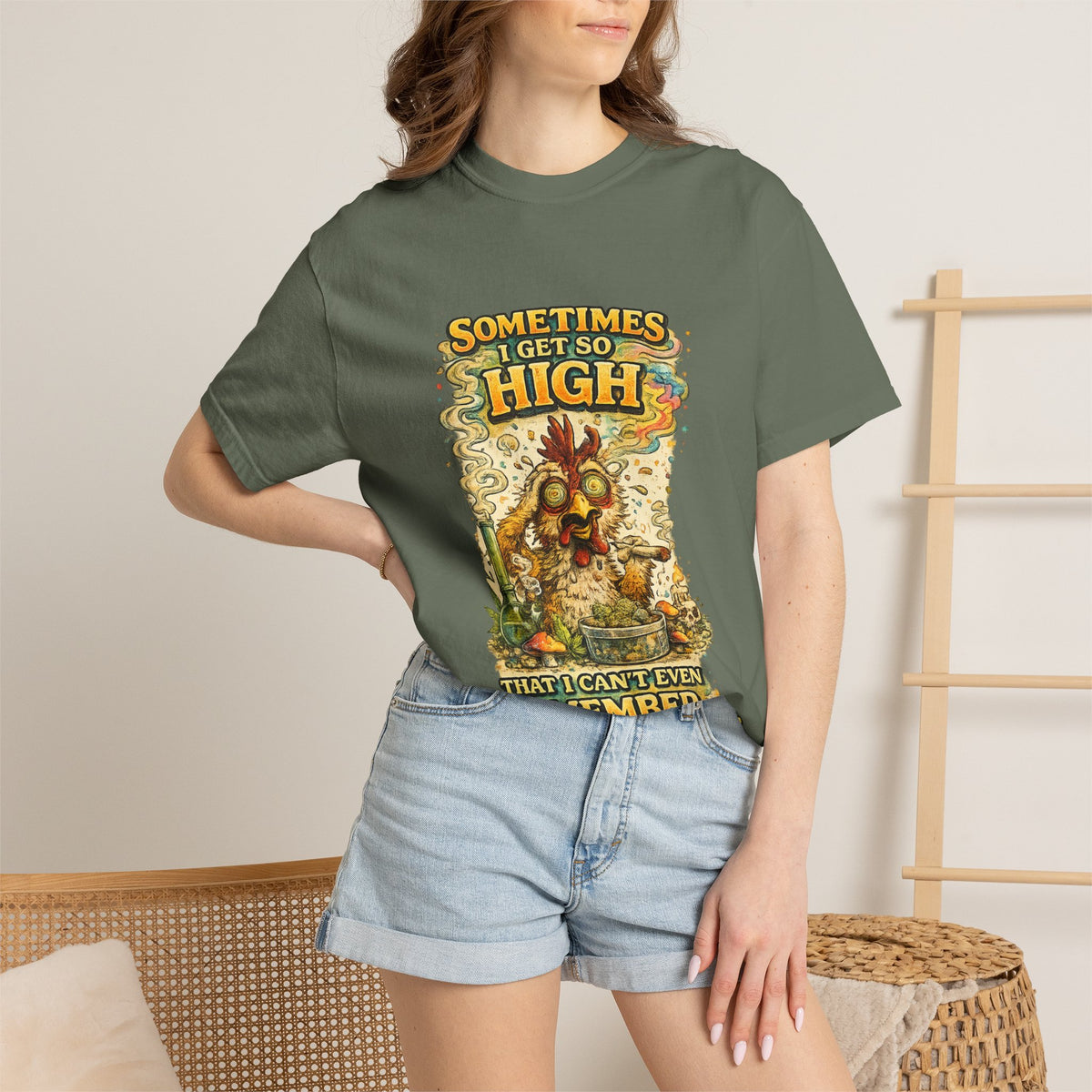 Sometimes I Get So High chicken illustration T-shirt | psychedelic farm design