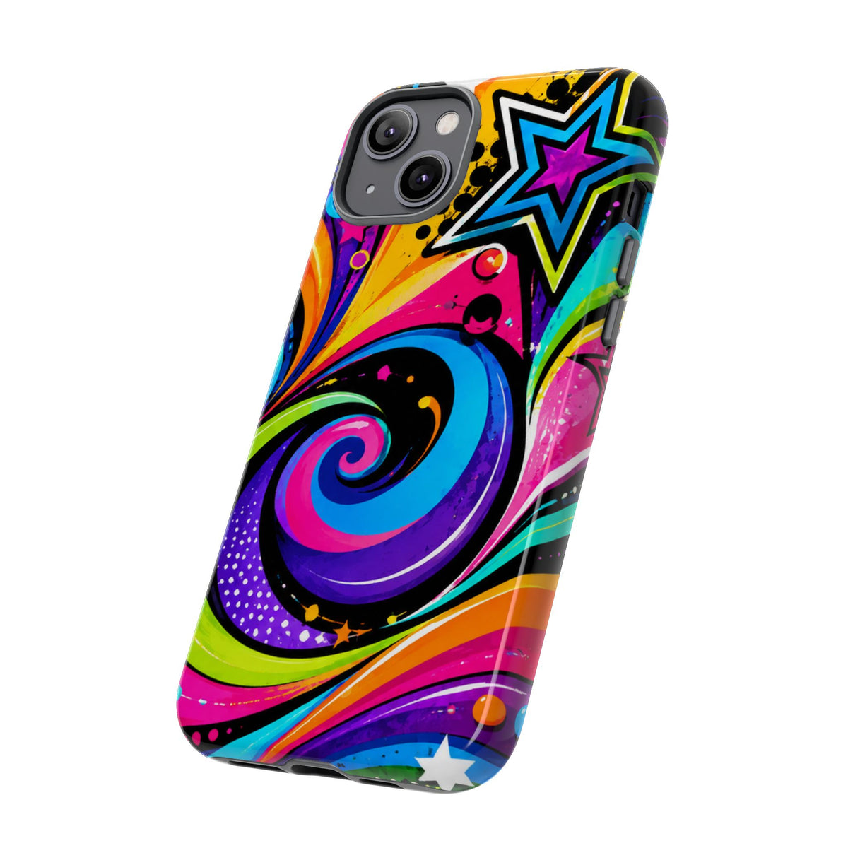 Psychedelic Swirl Phone Case — Bold Retro Stars & Neon Pop Art Tough Case