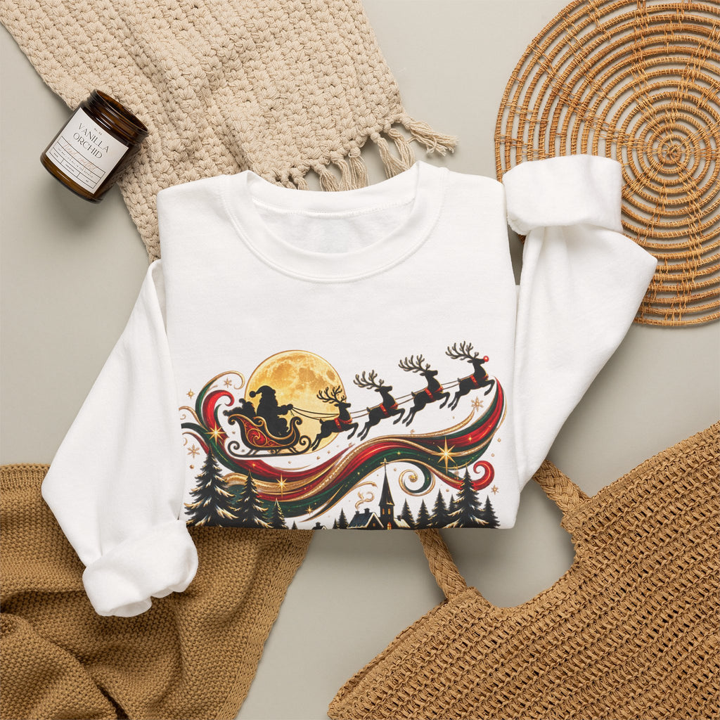 Christmas Sleigh Crewneck Sweatshirt - Santa Reindeer Moon Holiday Design
