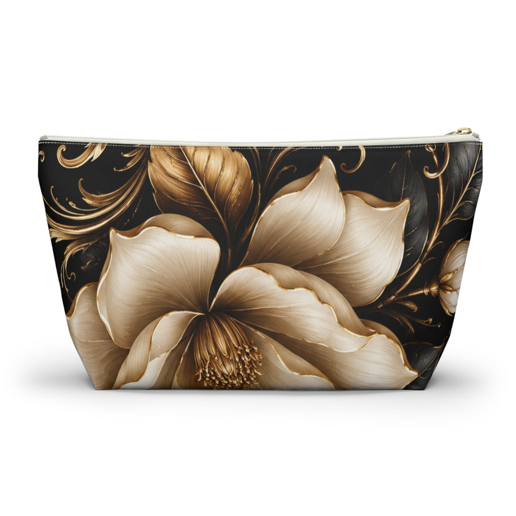 Floral Tapestry Accessory Pouch — Gold & Black Magnolia Makeup Bag