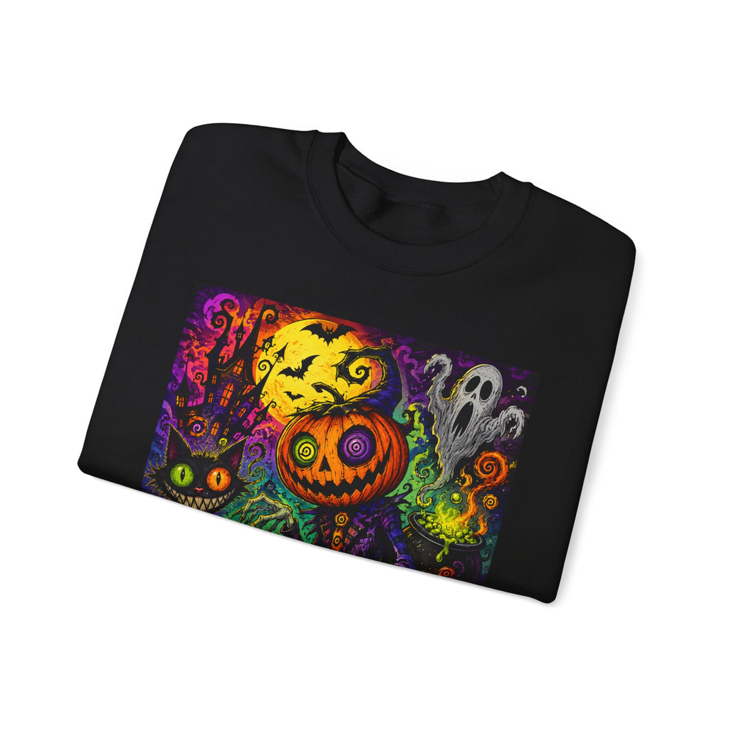 Halloween Pumpkin Crewneck Sweatshirt — Neon Spooky Skull & Ghosts Design