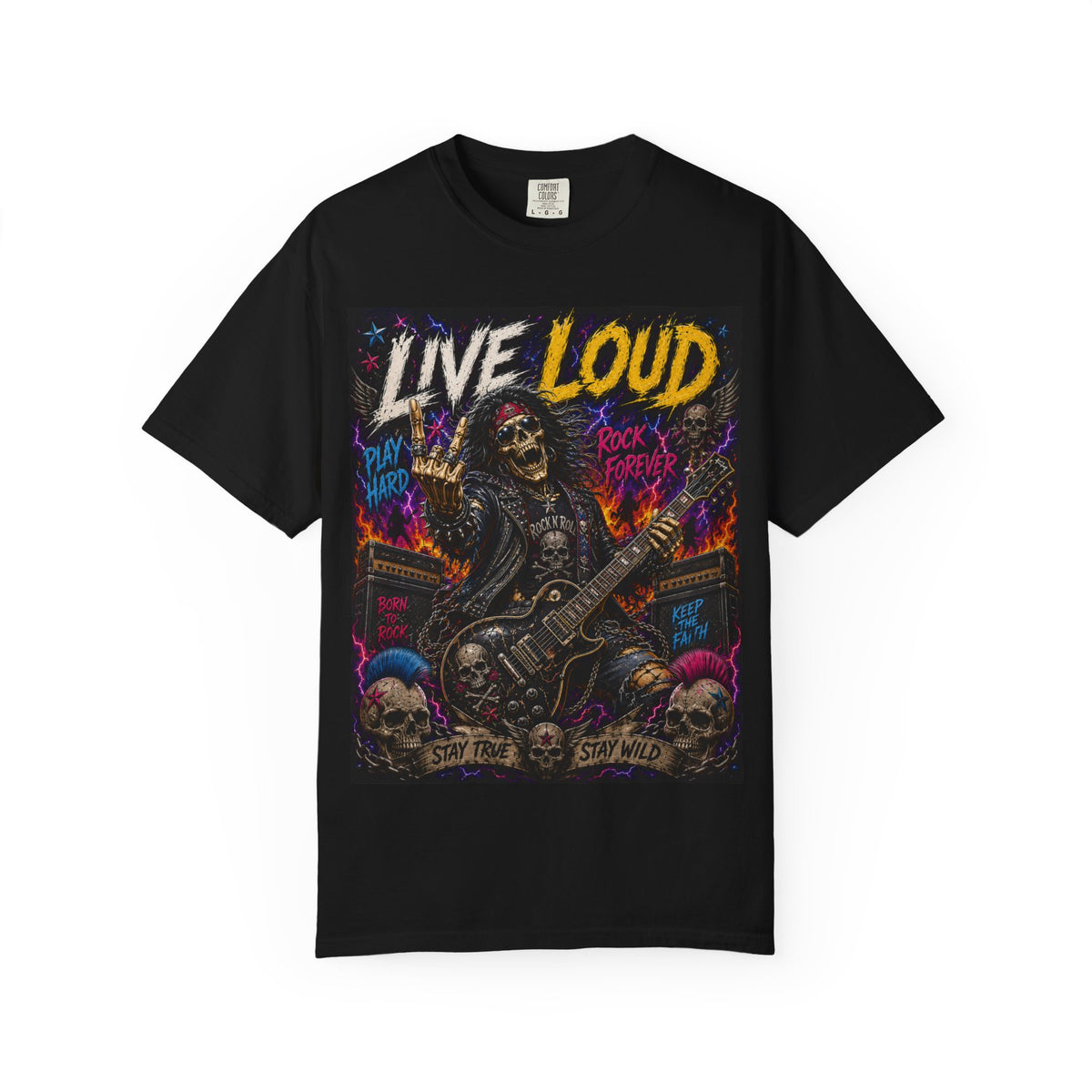 Live Loud Rock Guitar Skeleton T-shirt | Heavy Metal Concert Tee