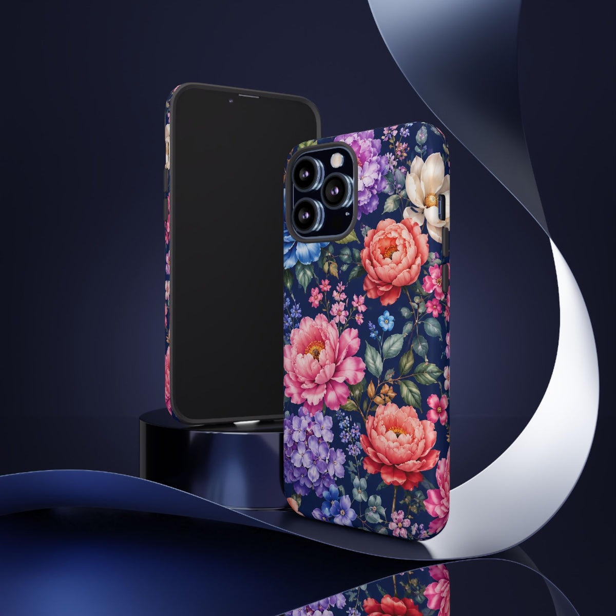 Floral Tough Phone Case – Vibrant Garden Flowers on Navy