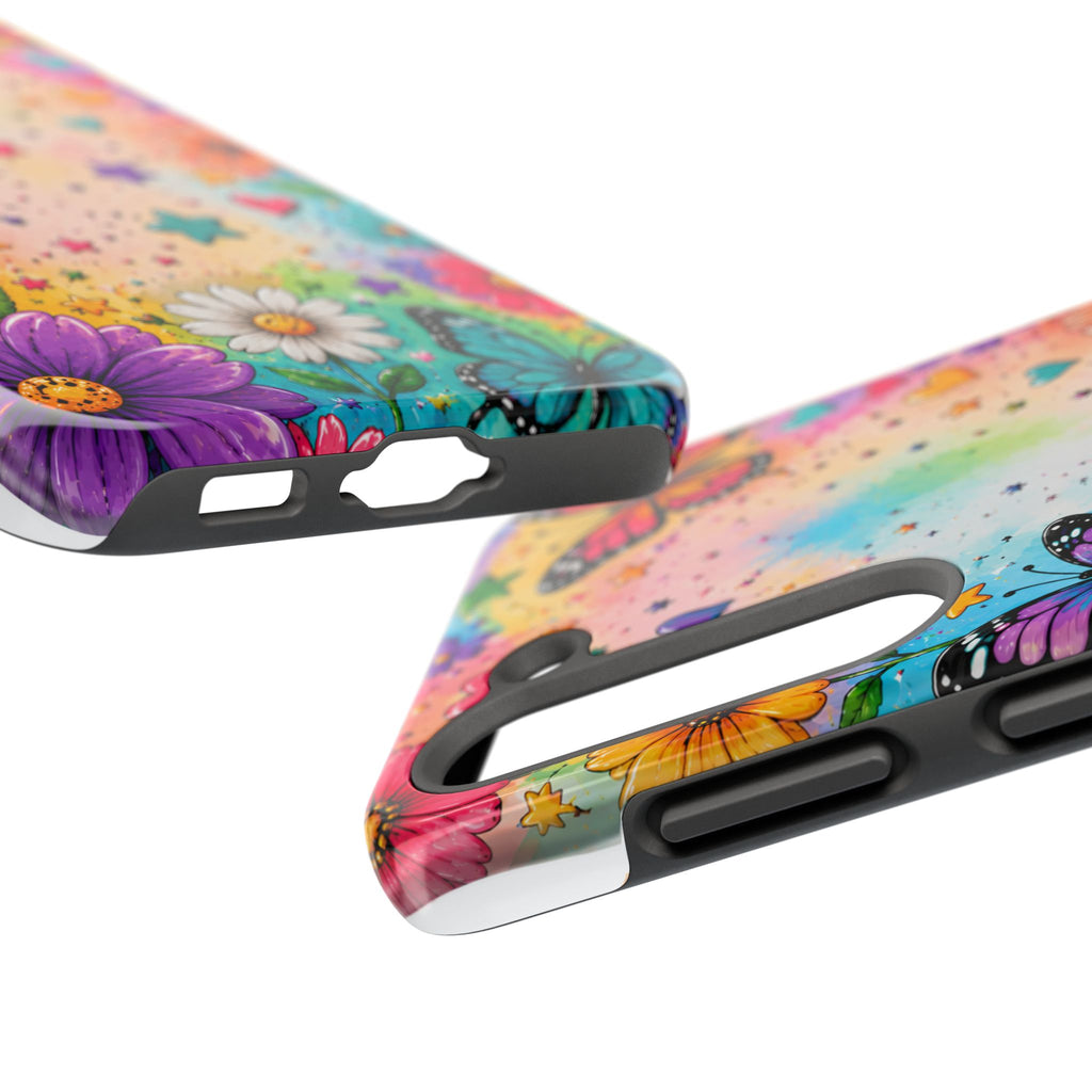 Colorful Butterflies and Flowers Tough Phone Case | Rainbow Hearts Stars