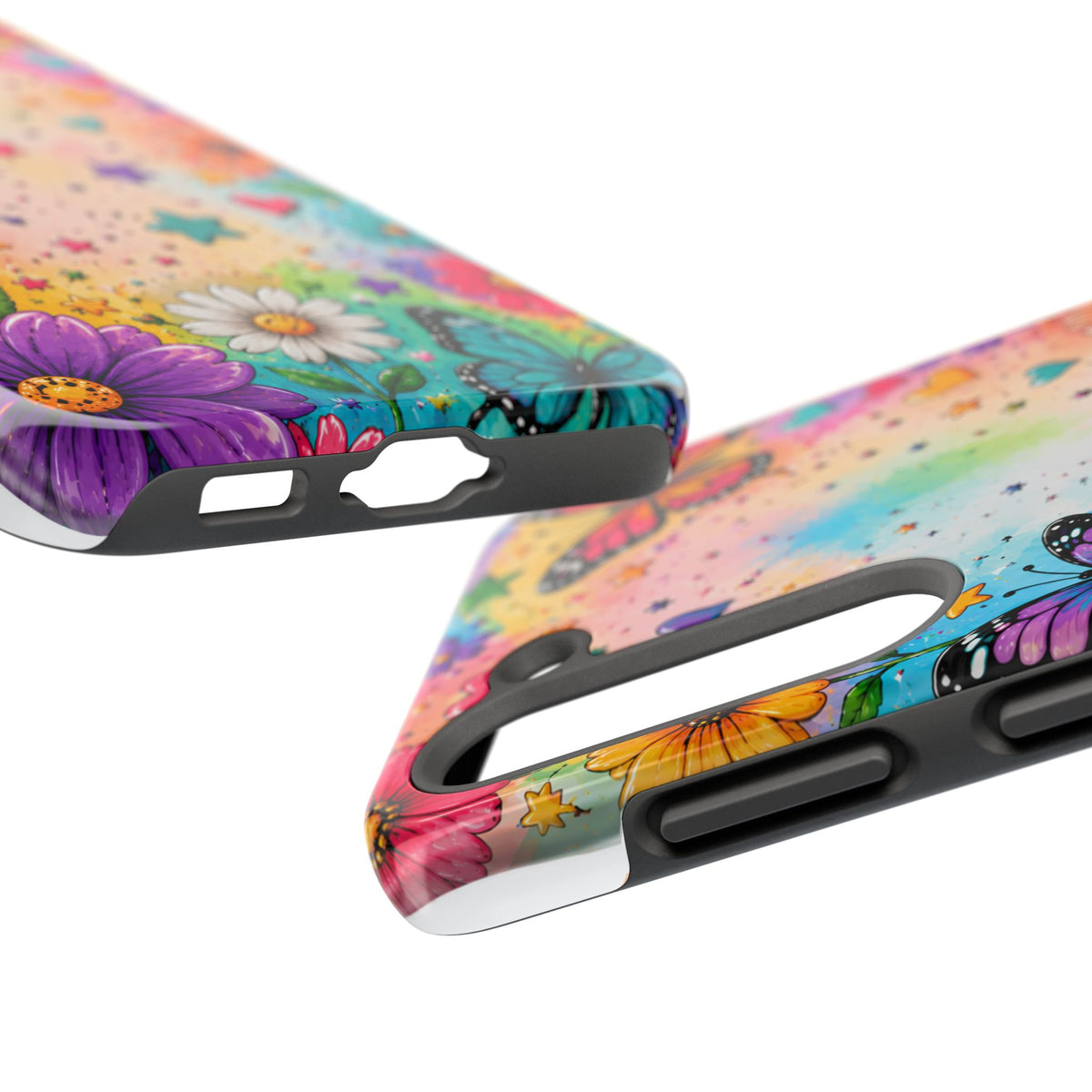 Colorful Butterflies and Flowers Tough Phone Case | Rainbow Hearts Stars