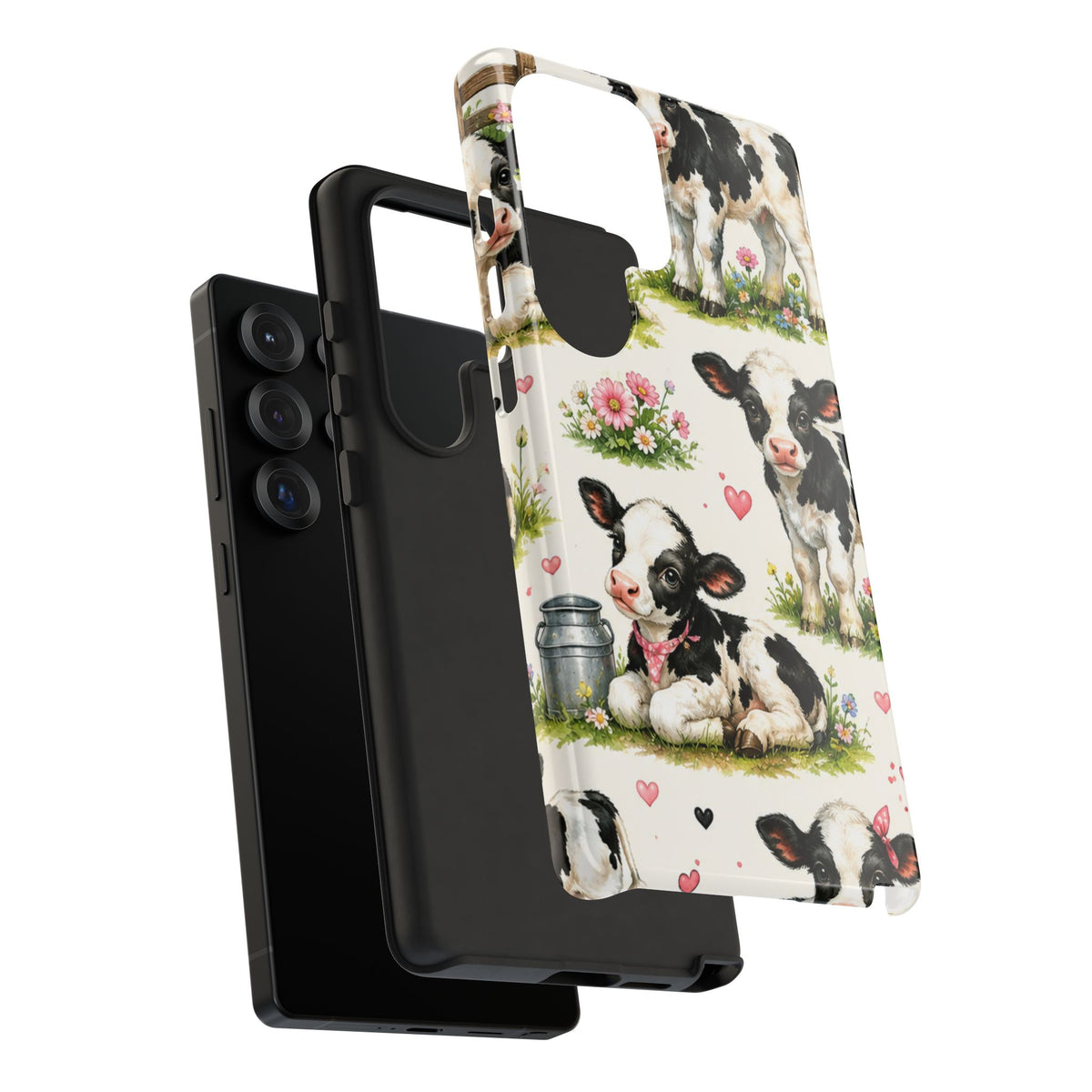 Cute Calf Pattern Phone Case – Pastel Cow Hearts & Flowers Protective Cover