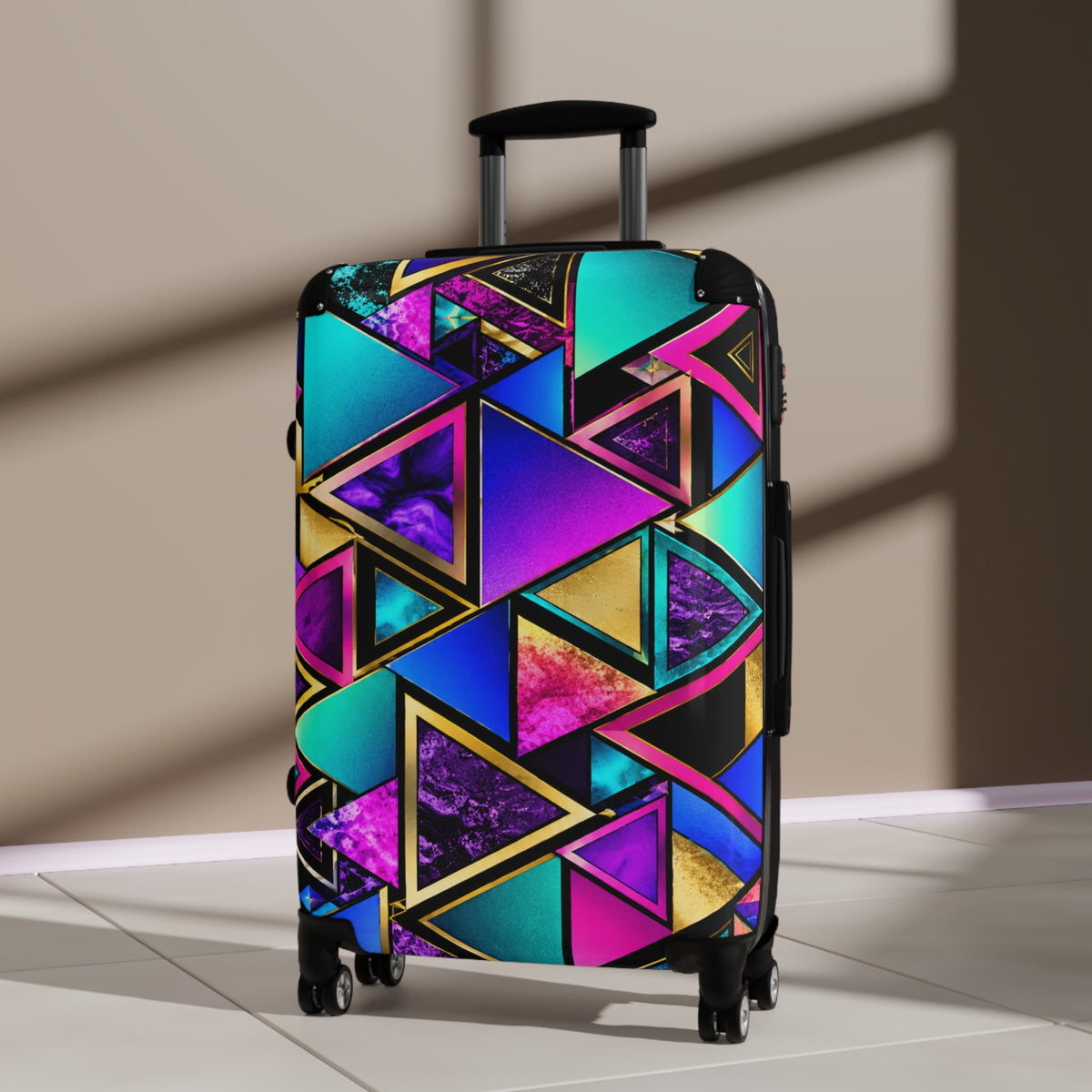 Geo Neon Triangle Carry-On Suitcase — Colorful Travel Luggage