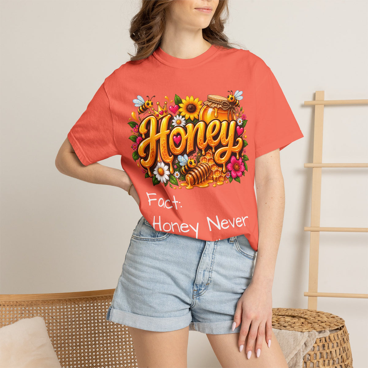 Honey Graphic Black T-Shirt — “Honey Never Spoils” Vintage Floral Bee Tee