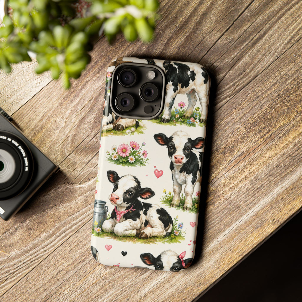 Cute Calf Pattern Phone Case – Pastel Cow Hearts & Flowers Protective Cover