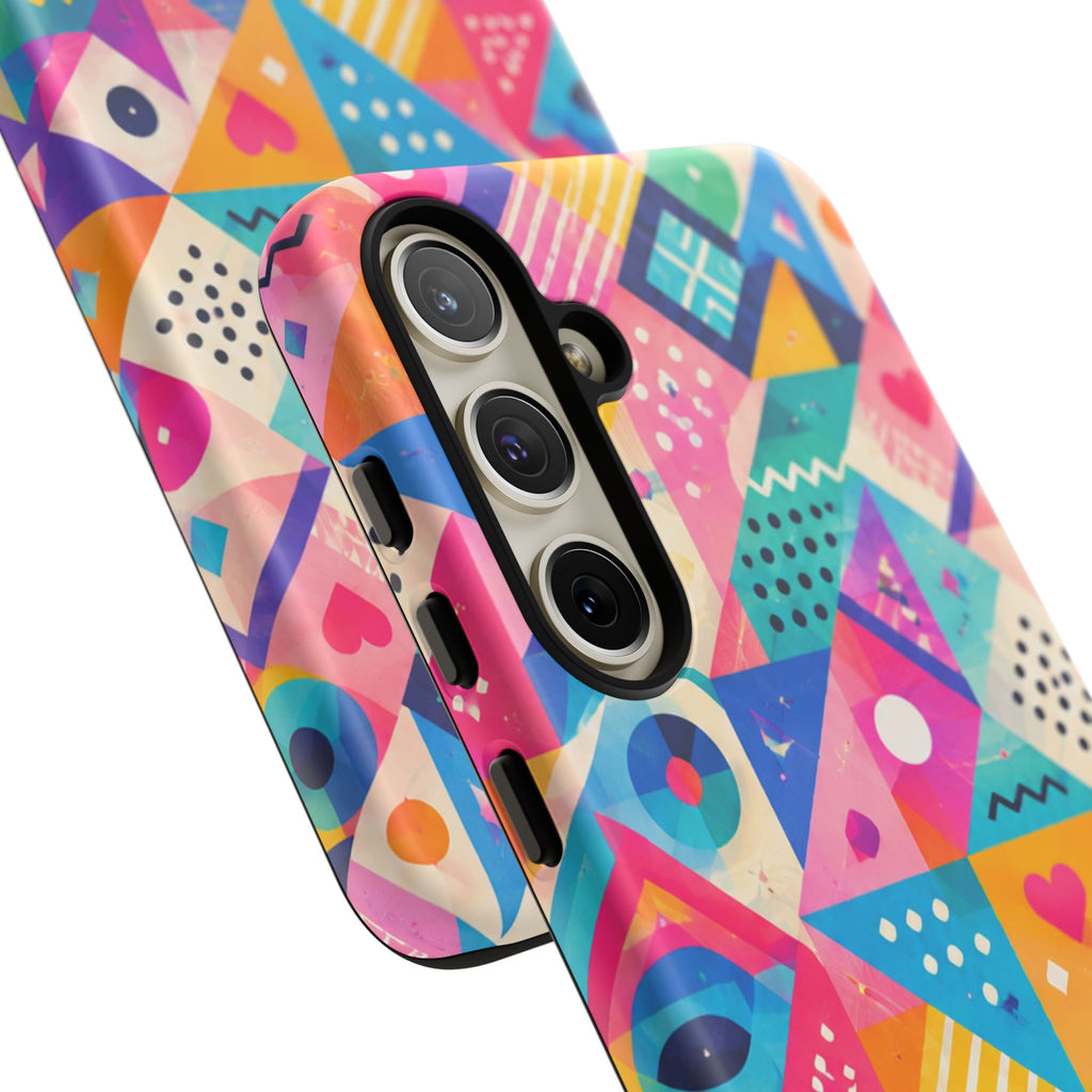 Colorful Geometric Tough Phone Case — Bright Abstract Heart & Triangle Pattern