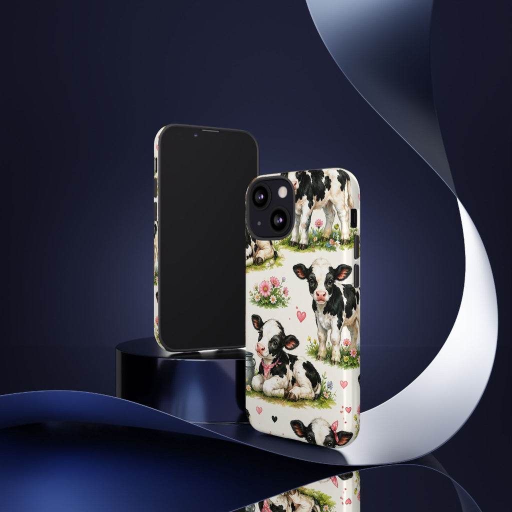 Cute Calf Pattern Phone Case – Pastel Cow Hearts & Flowers Protective Cover