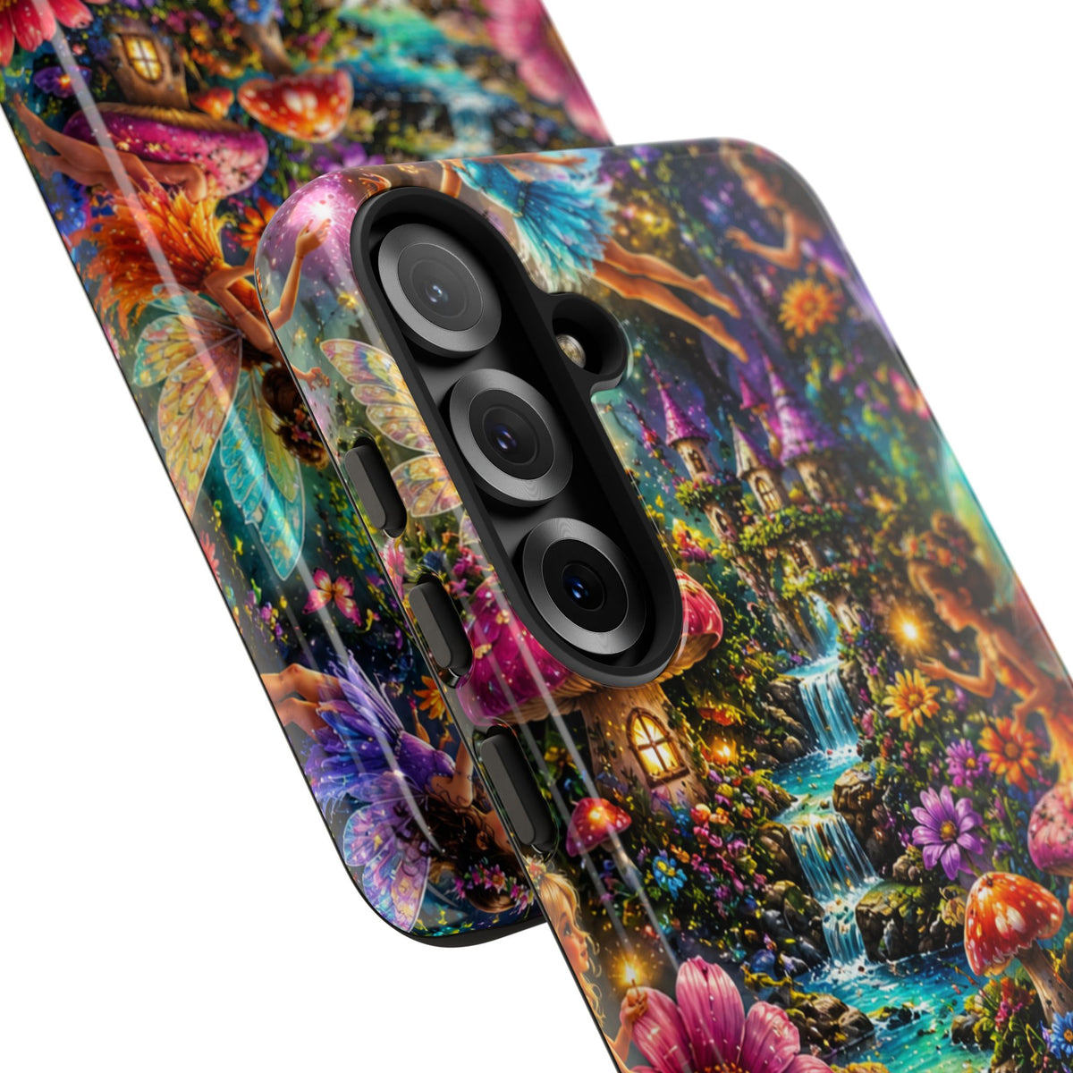 Fairy Garden Tough Phone Case — Whimsical Cottage, Waterfall & Mushroom Artwork