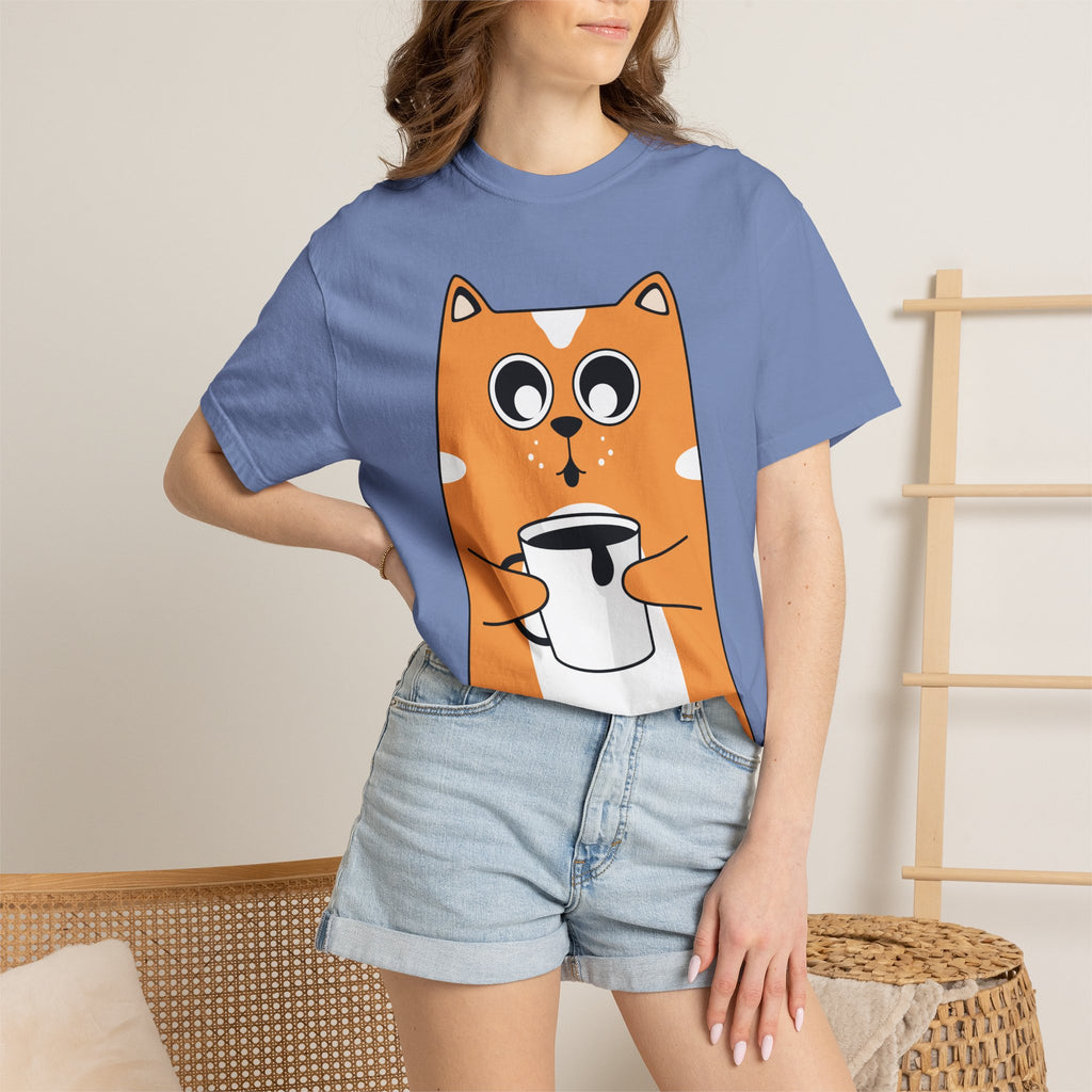 Coffee Cat T-Shirt — Cute Cat Holding Coffee Mug, “My morning doesn’t start until the coffee clocks in” Tee