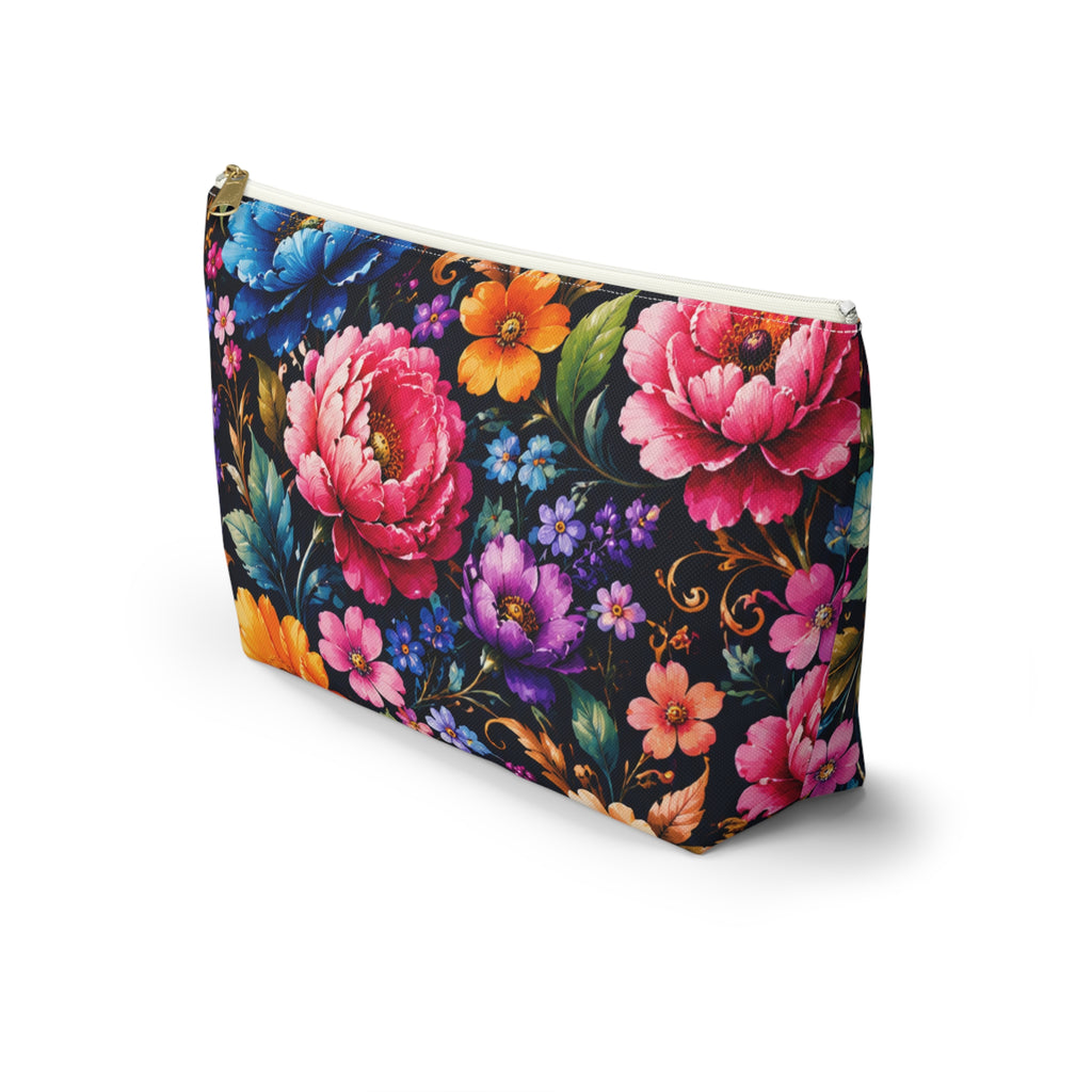 Floral Accessory Pouch — Vibrant Garden Makeup Bag with T-Bottom