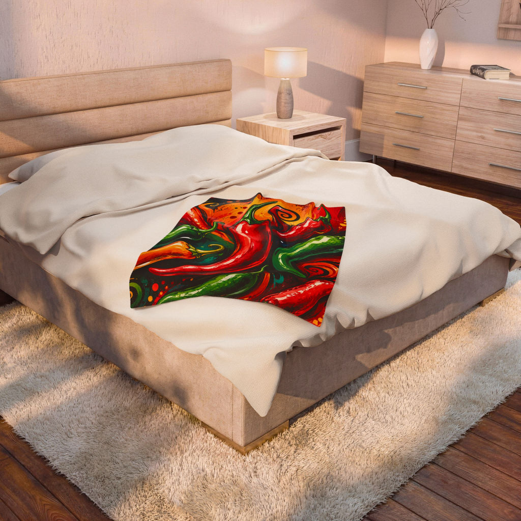 Spicy Chili Pepper Velveteen Plush Blanket – Vibrant Southwestern Pepper Print Throw