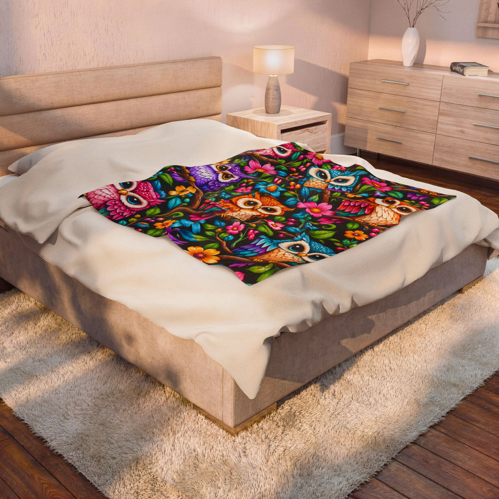 Colorful Owl Velveteen Plush Blanket - Soft Cozy Throw with Vibrant Floral Night Owls