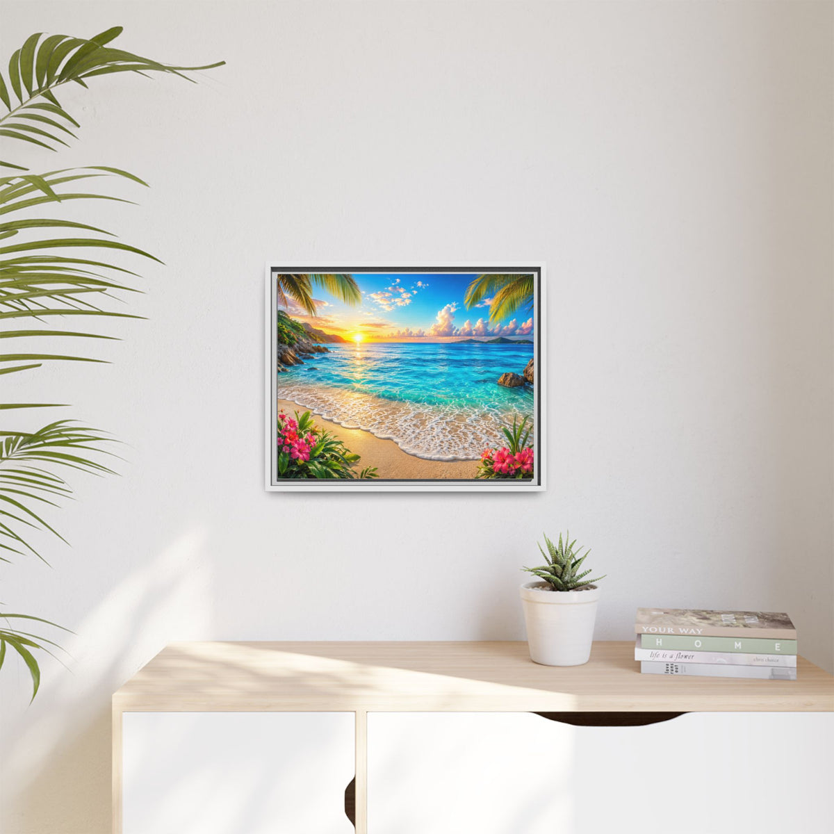 Framed Beach Sunset Matte Canvas Wall Art — Tropical Ocean Sunrise Decor