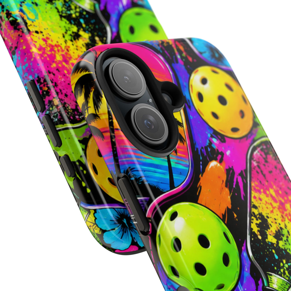 Pickleball Splash Tough Phone Case — Neon Paddle & Ball Protective Cover