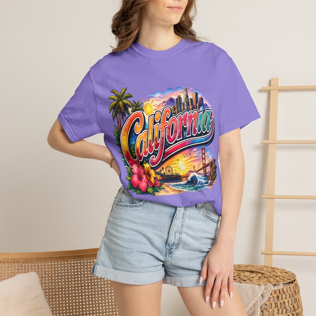 California Sunset Scenic T-shirt | Golden Gate Palm Beach Hibiscus