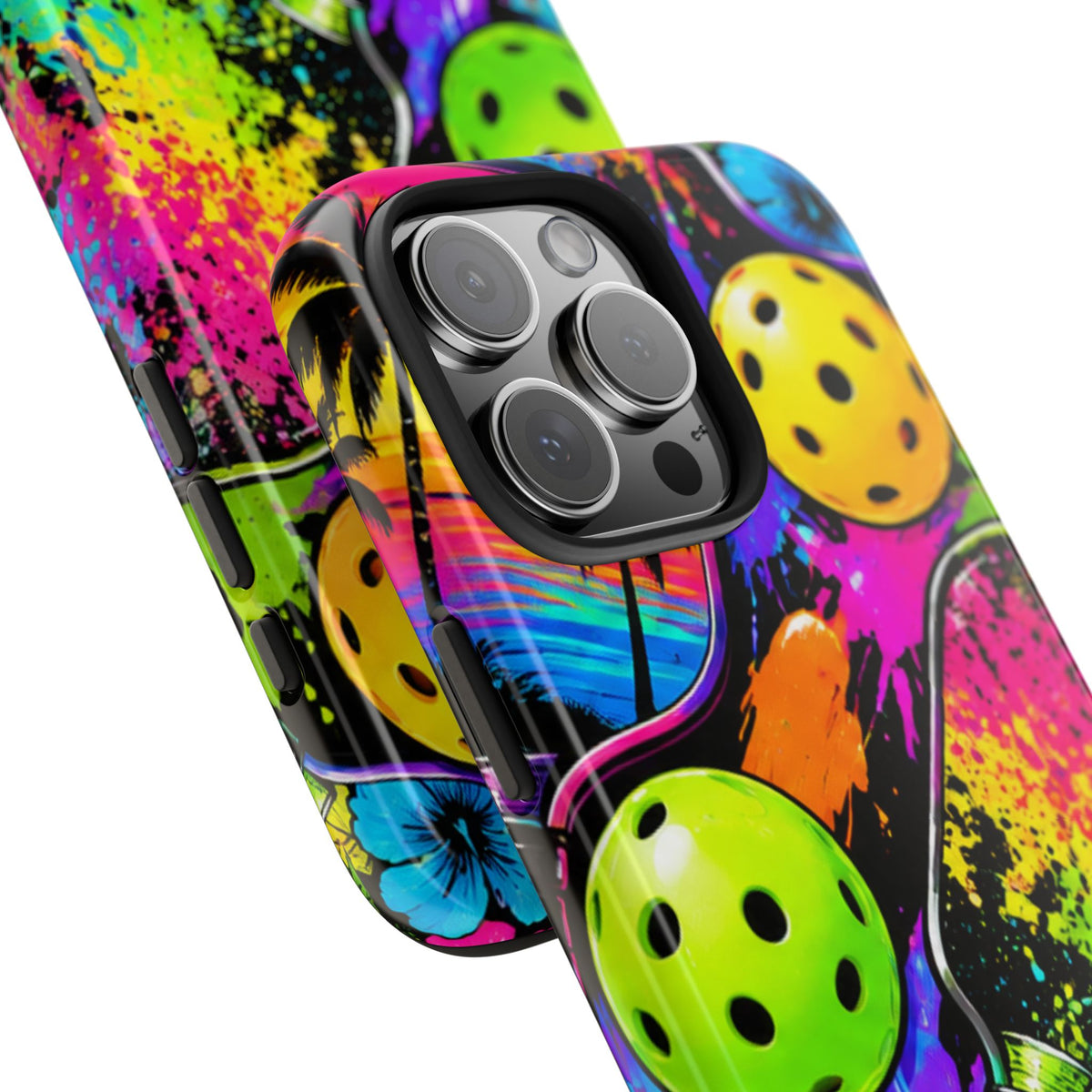 Pickleball Splash Tough Phone Case — Neon Paddle & Ball Protective Cover